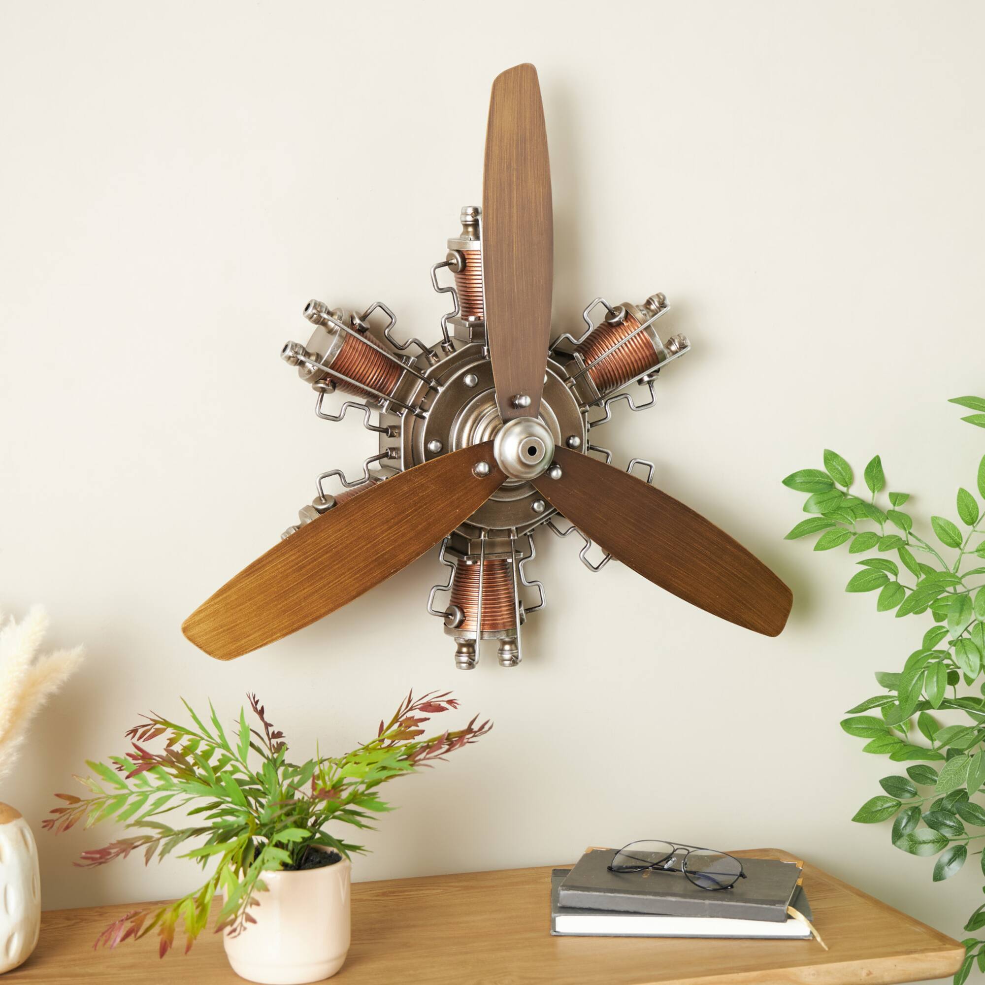 25" Brown Metal Propeller Wall Décor with Silver Accents